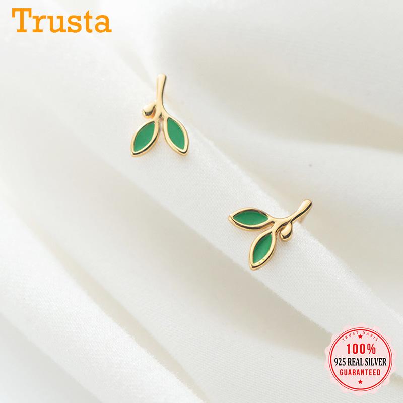 

Stud TrustDavis Real 925 Sterling Silver Fashion Sweet Green Leaves Earring For Women Wedding Valentine's Day Fine Jewelry DB095