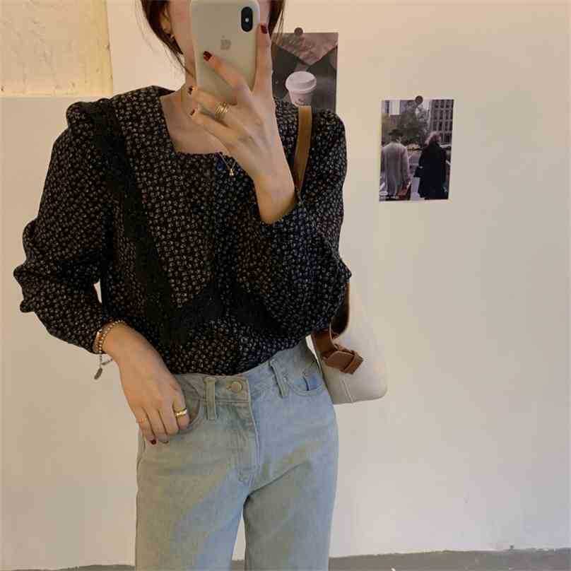 

Retro Women Floral Printing Loose Corduroy Chic Vintage Gentle Square Collar Elegance Female Shirts Tops 210525, Black
