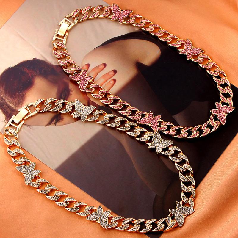 

Chains Pink Butterfly Chunky Choker Necklaces Crystal Cuban Link Chain Iced Out Bling Rhinestone Necklace For Women Jewelry Party