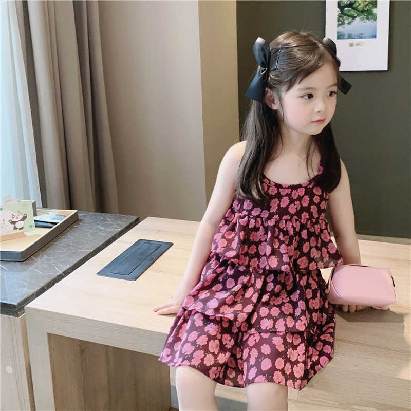 

Girls summer purple floral suspenders dresses korean style children cute casual sleeveless tiered dress 210615