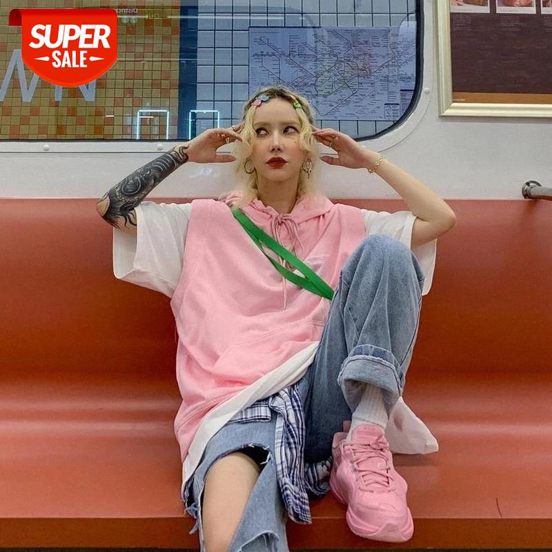 

hip hop streetwear tracksu tshirt and vest two piece set hooded sleeveless sweater preppy clothe loose 2 piece set women clothes #8e1V, Black;white