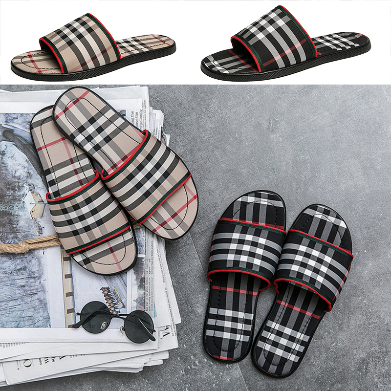 

Luxury Grid pattern slipper Men Brand designer Slides Fashion Summer Beach Flat Sandals stripe Slippers black Khaki outdoor Indoor Flip Flops TOP QUALITY