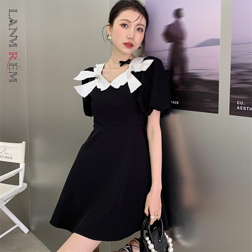 

Women Short Bubble Sleeve Bow A-line Dresses Fit Lady Fashion Summer Arrivals 2H052 210526, Black