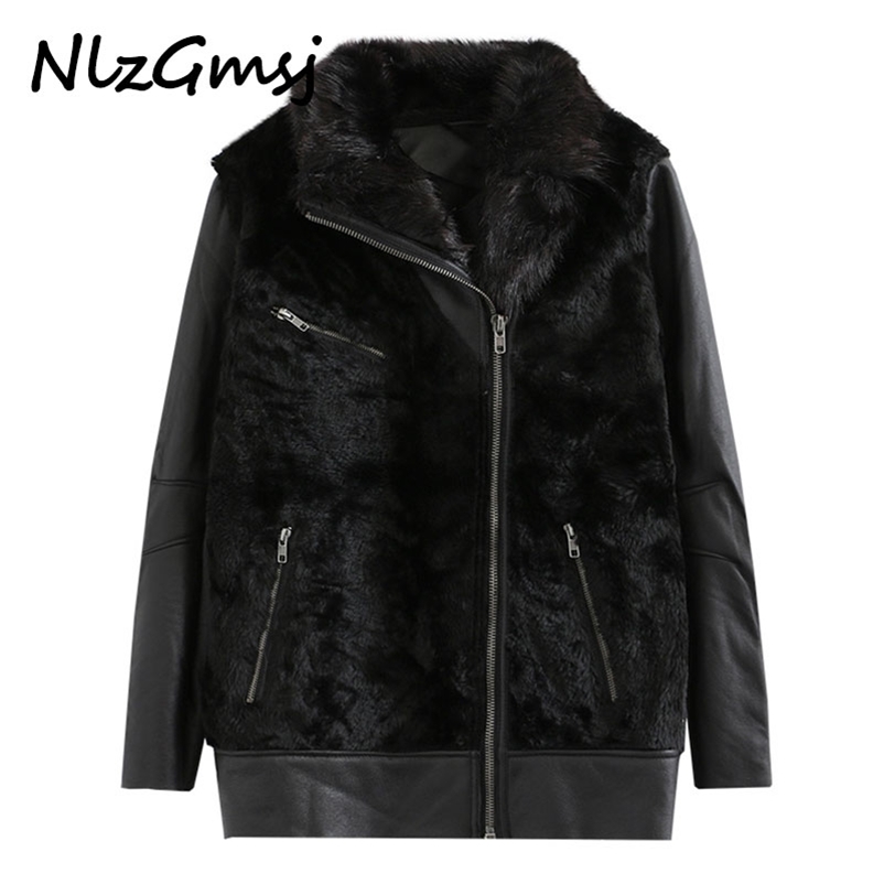 

Jacket Women Vintage PU Leather Stitching Fur Coats Black Outerwear Female Plus Size Winter Clothes Coat 210628, As picture