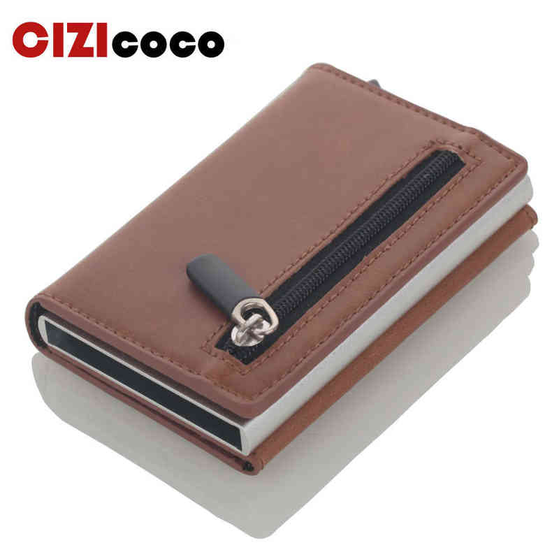 

Cizicoco Credit Card Holder Aluminum Box Card Wallet RFID PU Leather Pop Up Card Case Magnet Carbon Fiber Coin Purse 211224, Brown;gray