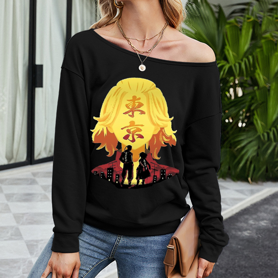 

Women Inclined Shoulder Thicken Sweatshirts Ladies Autumn Casual Loose Sport Pullovers Anime Manga Pattern Printing Street Wear Long Sleeve Skew Collar Tops, Black 2