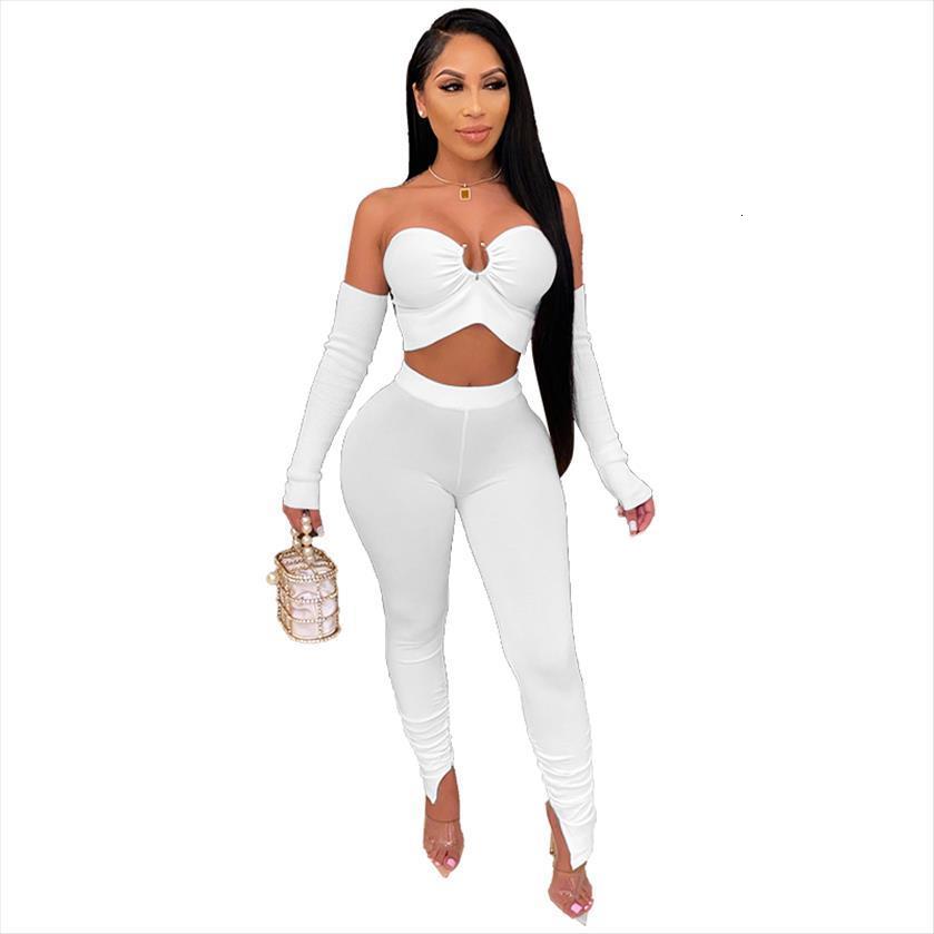 

summer clothes 2pcs outfits womens pants solid color boob tube high waist tight suit for girls 4 colors, White