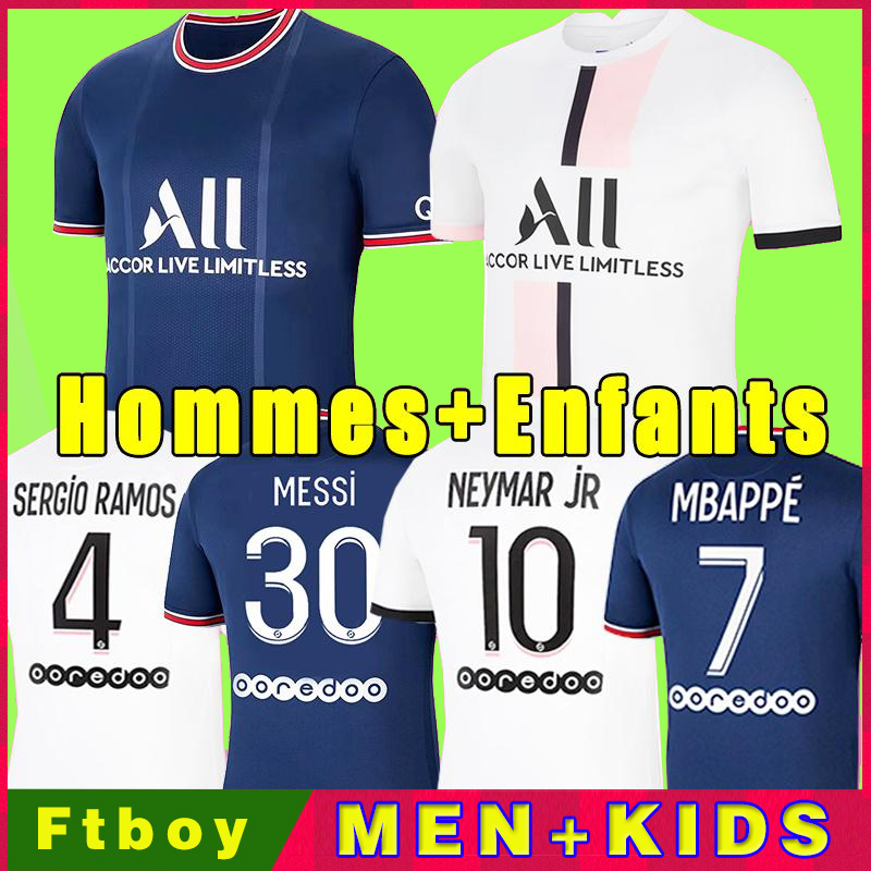 

MESSI MBAPPE Soccer Jerseys 2021 2022 DI MARIA 21 22 WIJNALDUM SERGIO RAMOS HAKIMI Away Maillots de football kit VERRATTI Hommes Enfants Fourth shirt Men kids Socks
