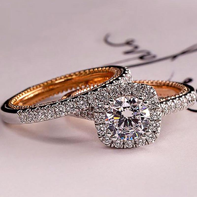

Wedding Rings Huitan Luxury Engagement For Women 2Pcs/Set Shiny Cubic Zircon Novel Design Two Tone Elegant Female Jewelry Dropship