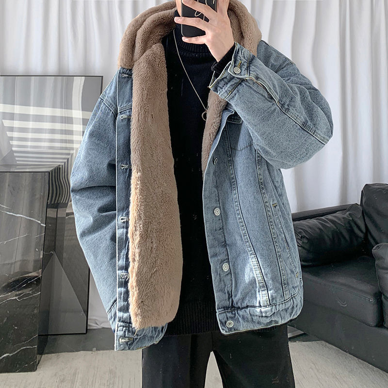 

2021 New Winter Plus Veet Thick Denim Jacket Men's Warm Fashion Casual Hooded Men Loose Korean Short Lamb Fur Coat Mens Clothes Tpt2, Black