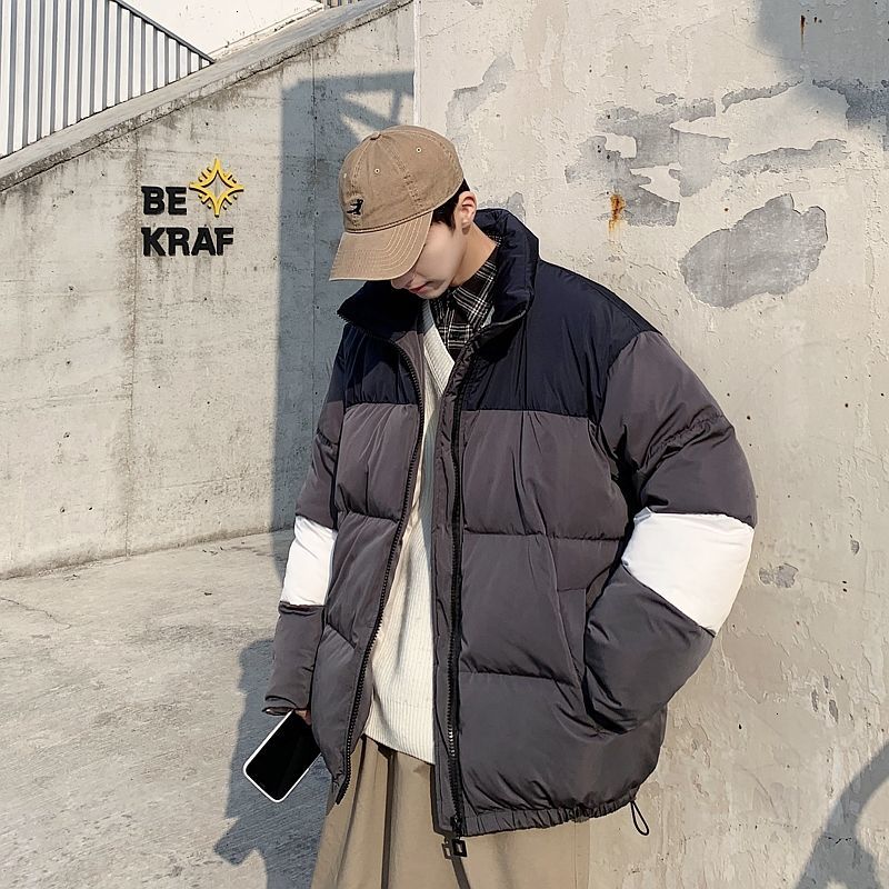 

2021 New Winter Jacket Men's Warm Fashion Hit Color Casual Thickened Stand-up Collar Parka Men Loose Korean Short Coat Mens Clothes Tes8, Gray