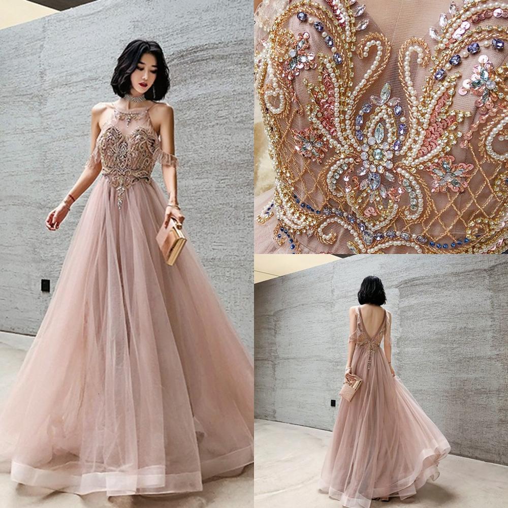 

2021 New Sexy Sling Halter Pink Evening Es Off the Shoulder Beads Open Back Prom Party Gowns Vestido De Noiva Lgm1, Picture color