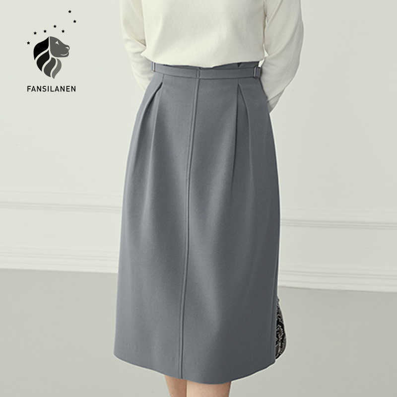 

FANSILANEN Office lady elegant pleated a-line skirt Women belt causal high waist long Autumn winter gray vintage 210607