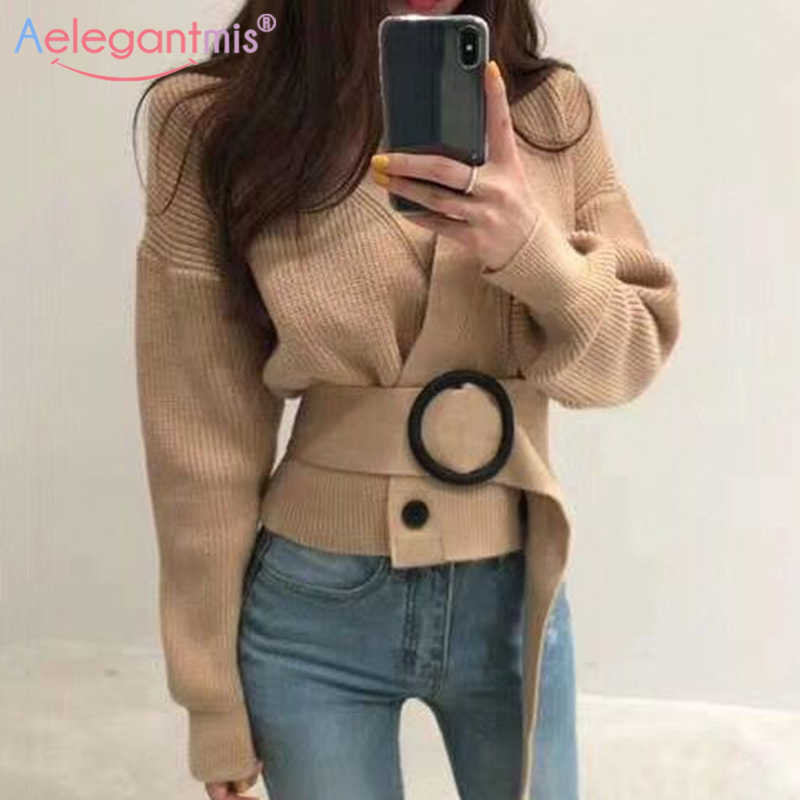 

Aelegantmis Fashion V Neck Knitted Cardigan Sweaters Women Long Sleeve Short Sweater with Belt Lady Elegant Outerwear 210607, Khaki