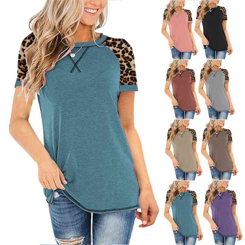 

T-shirt Women Leopart O Neck Short Sleeve Tees Femme Tee shirt Casual Mom Tops Oversize Summer 210708, Blue
