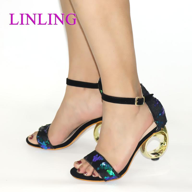 

Dress Shoes Arrival Nigerian Pumps Rhinestone Slippers Sexy Peep Toe Party Shoe Elegant Fashion Casual Women Sandals Plus Size44, Black
