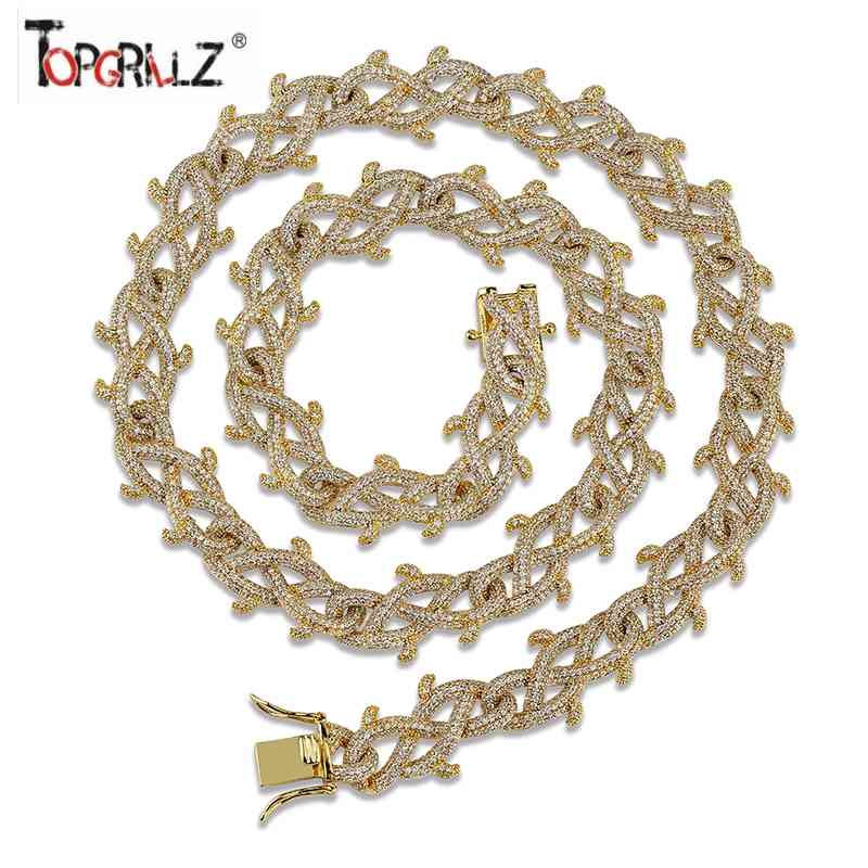 

TOPGRILLZ Iced Out Crown of Thorns Cuban Chain Necklace Gold Finish Fashion Hip Hop Jewelry Cubic Zircon X0509