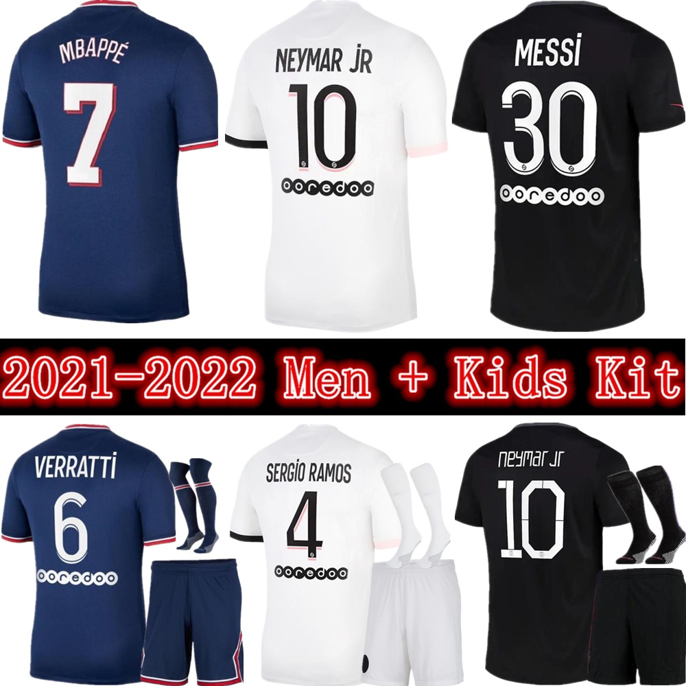 

21 22 Paris MESSI MBAPPE Soccer Jerseys 2021 SERGIO RAMOS DI MARIA Jersey 2022 VERRATTI SARABIA KEAN Football Shirt aldult Men + Kids Kit youth uniforms, Away+league patch kids