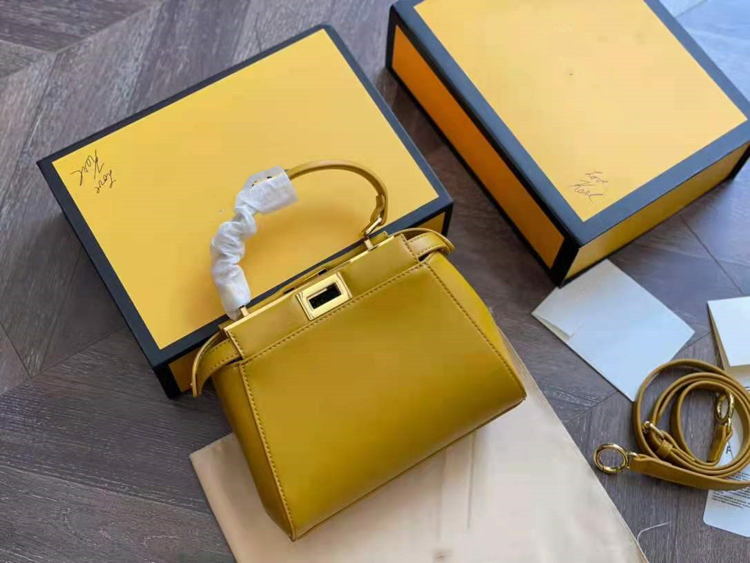 

Handbag ladies spring and summer new Peekaboo leather luxury design two compartments classic turn lock switch yellow female bag, White