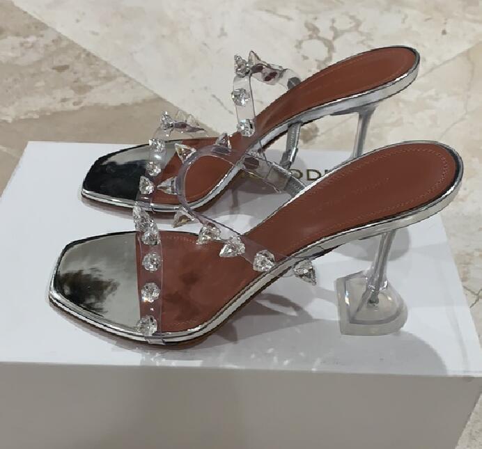 

Fashion Season Shoes Amina Italy Muaddi Julia Transparent Pvc Spikes Slide Sandals Julia Glass Slippers, As picture
