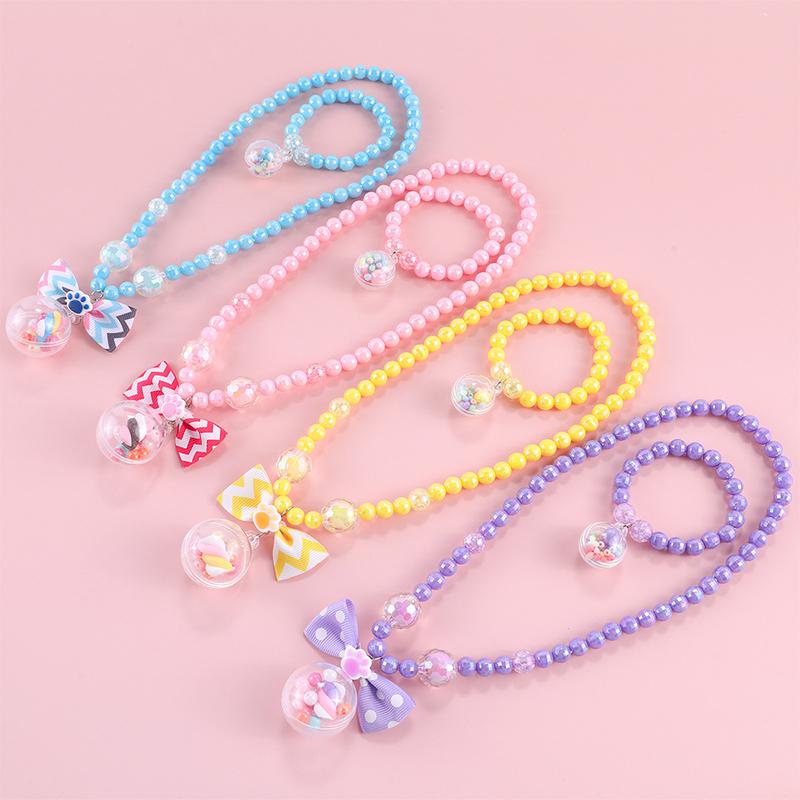 

Earrings & Necklace 2PC Rainbow Cute Cartoon Ball Bowknot Jewelry For Child Sweater Bracelet Girl's Gifts Children Christmas Sets, Silver