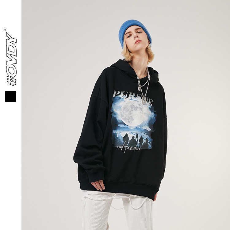 

wxwovdy 2021 autumn winter new fashion brand neutral chasing moonlight theme printing casual hooded sweater men, Black