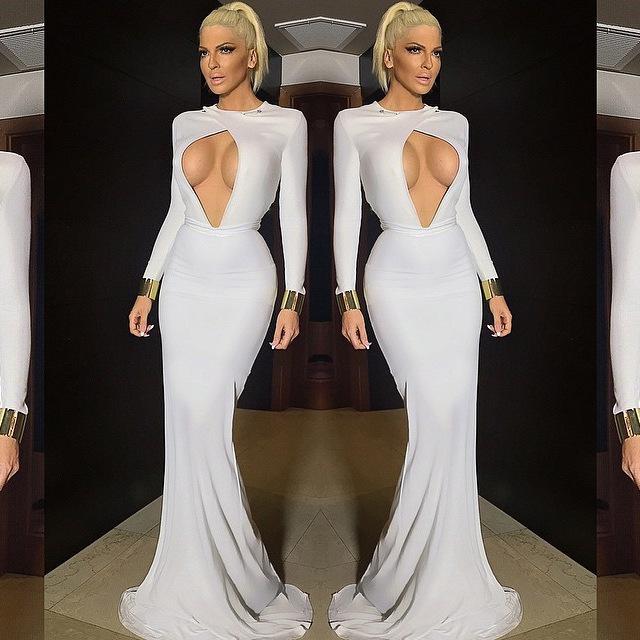 

Casual Dresses Women Sexy Front Hole Long Sleeves White Floor-Length Ball Dress Gown Halloween Christmas Holiday Party