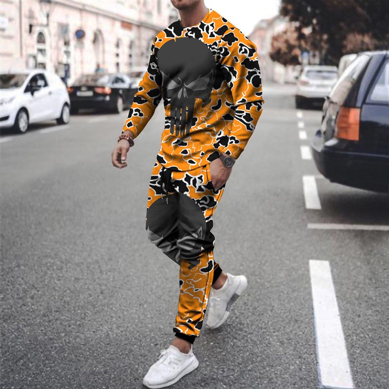 

Men's Tracksuits 2021 Harajuku Long Sleeve 3D Printing Skull Pattern Round Neck Casual Sports Suit Hip Hop Two-Piece Set, Gray