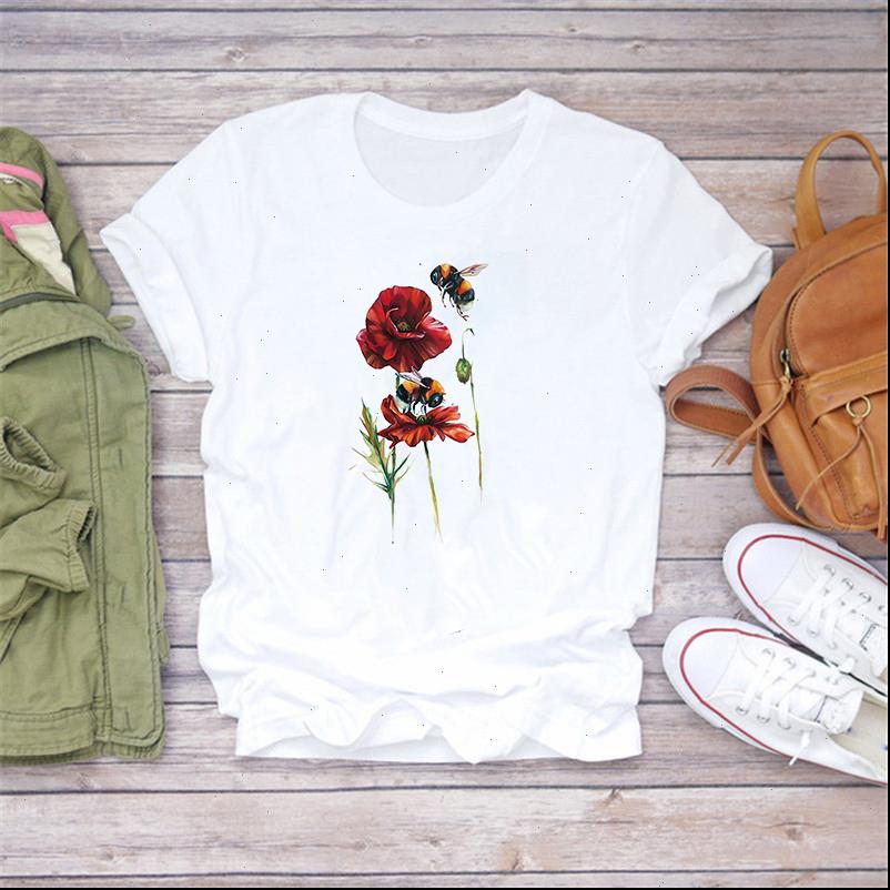 

women womens t shirt short sleeve flower bees 3d print vintage tshirts girls ladies round neck aesthetics shirts, White