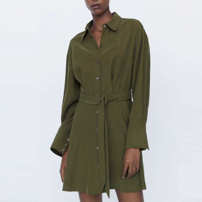 

Za Green Belt Shirt Dress Women Long Sleeve Elastic Waist Vintage Mini Dresses Woman Fashion Front Button Autumn Dress 210602