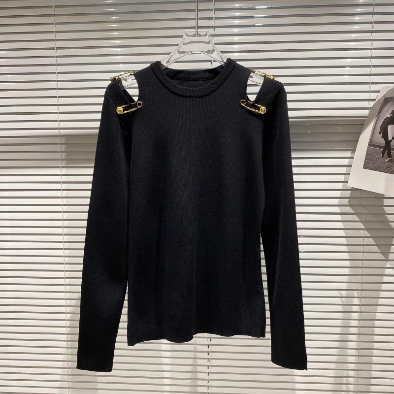 

Spring Arrivals Solid Color Knitted Long Sleeve Off Shoulder Round Neck Elastic Temperament Women T-shirt MZ835 210525, Black