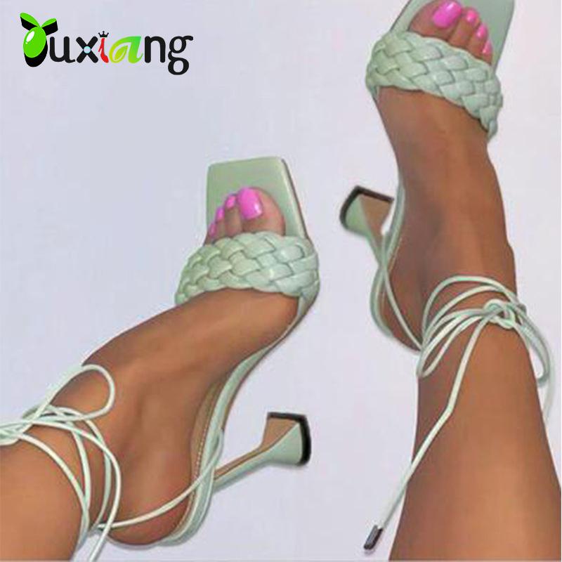 

Women Sandals Strappy Heels Summer Cross-Tied Weave Shoes Ladies Fashion Leather Peep Toe Ankle Strap Sandals Sexy High Heels, Green