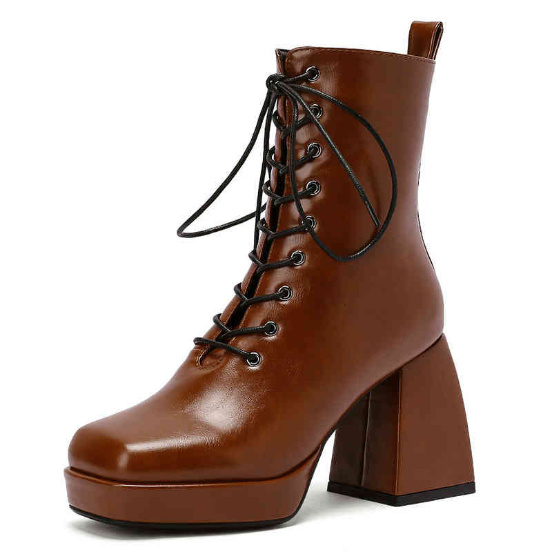 

dress shoes elegant microfiber leather women ankle boots autumn winter platform thick high heels pumps lace up working basic woman, Black
