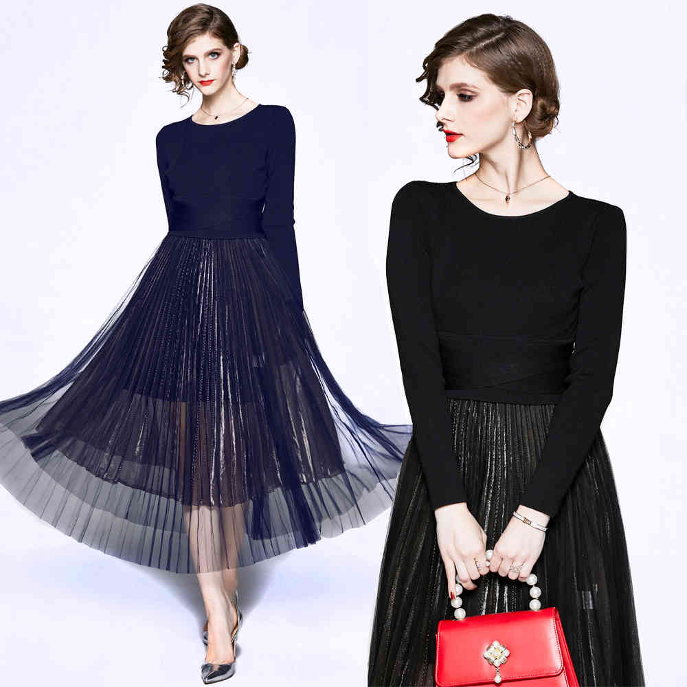 

High Quality Women Autumn Designer Elegant esh Dress Suit Set Female Office Party Robe Luxury Fashion Casual Pleated Vestidos 210525, Navy blue