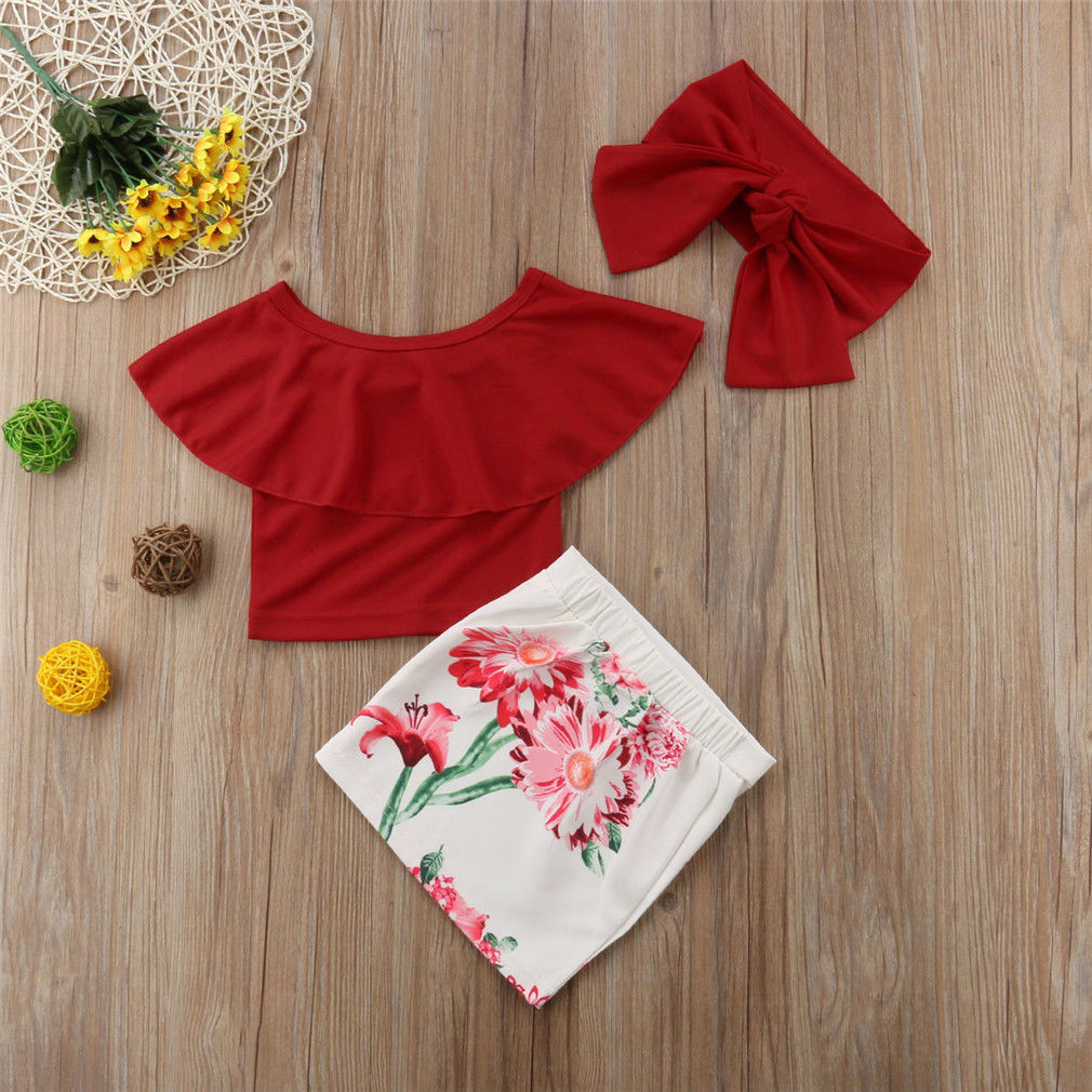 

3pcs Lovely Toddler Kid Baby Girls Off Shoulder Tops Floral Skirt Outfit Set, Red