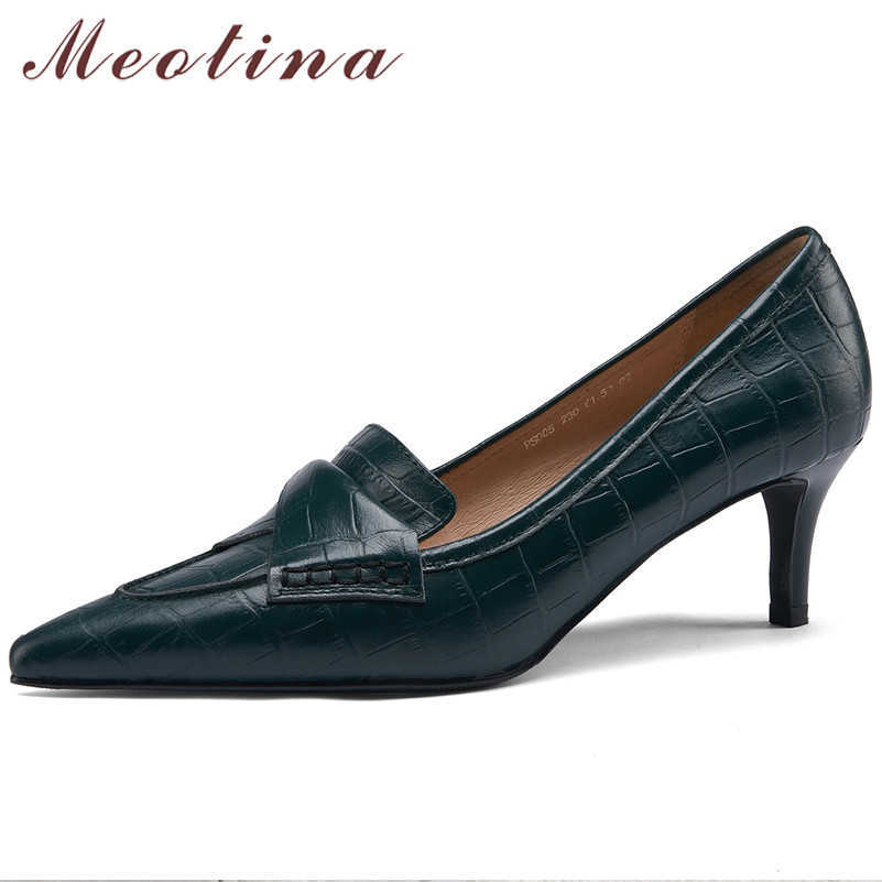 

Meotina Women Shoes Genuine Leather High Heels Pointed Toe Stiletto Heel Pumps Office Ladies Footwear Spring Black 40 210608, Green