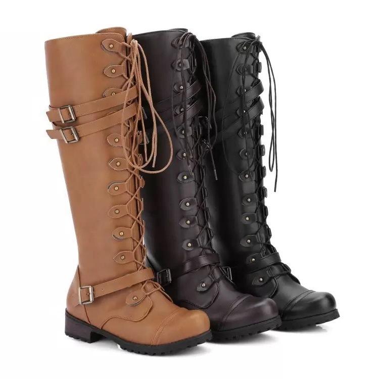 

Pu women's 2021 round head rivet belt buckle square heel boots high tube new style in autumn and, Black