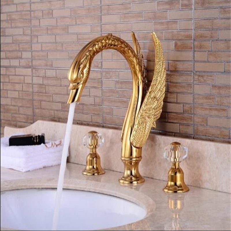 

2021 New Deck Mounted Bathroom Swan Spout Sink Mixer Golden Brass 3 Holes Basin Faucet Wholesale and Retail Water Tap 3363