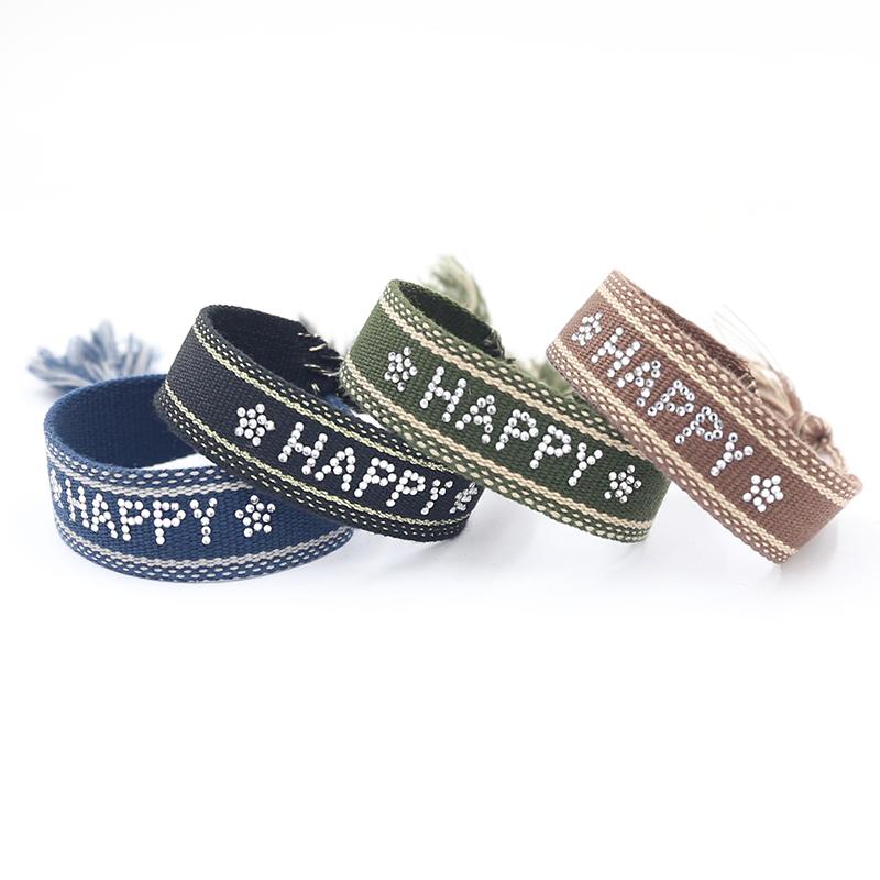 

Charm Bracelets Braided Friendship Bracelet For Women Happy Print Woven Tassel Adjustable Rhinestone Wedding Jewelry 2021