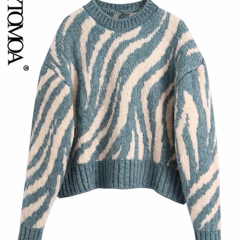 

KPYTOMOA Women Fashion Jacquard Animal Print Loose Crop Knit Sweater Vintage O Neck Long Sleeve Female Pullovers Chic Tops 211110, As picture
