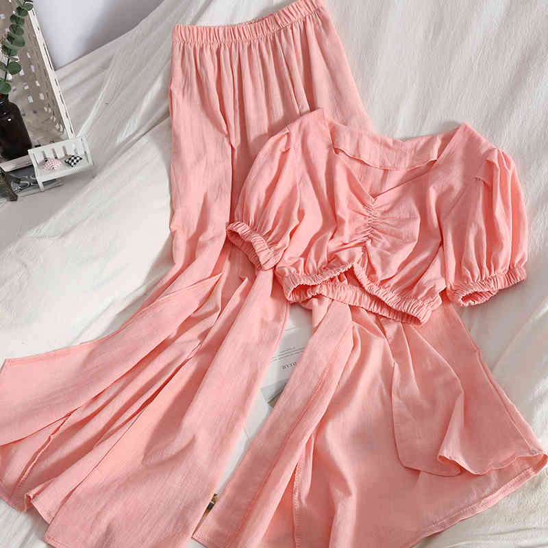 

Summer Fashion Waist Short Pleated V-neck Puff Sleeve Top + Slim Large Split Wide Leg Pants Two-piece Suit SK047 210525, Pink