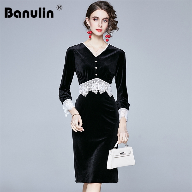 

Banulin Women Autumn & Winter Elegant Velvet Dress Female Vintage V-Neck Buttons Lace Midi Party Bodycon Dresses Robe Vestidos 210603, Black