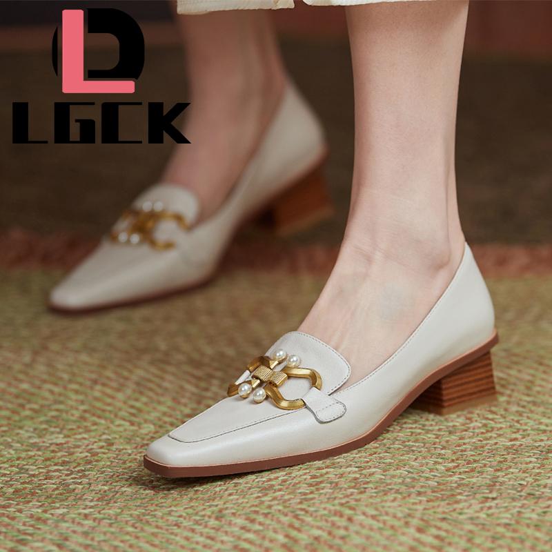 

Fashion Women Shoes Woman High Heels Spring Summer Square Head Genuine Leather Women Shoes Metal Decoration Ladies Dress Pumps, Beige