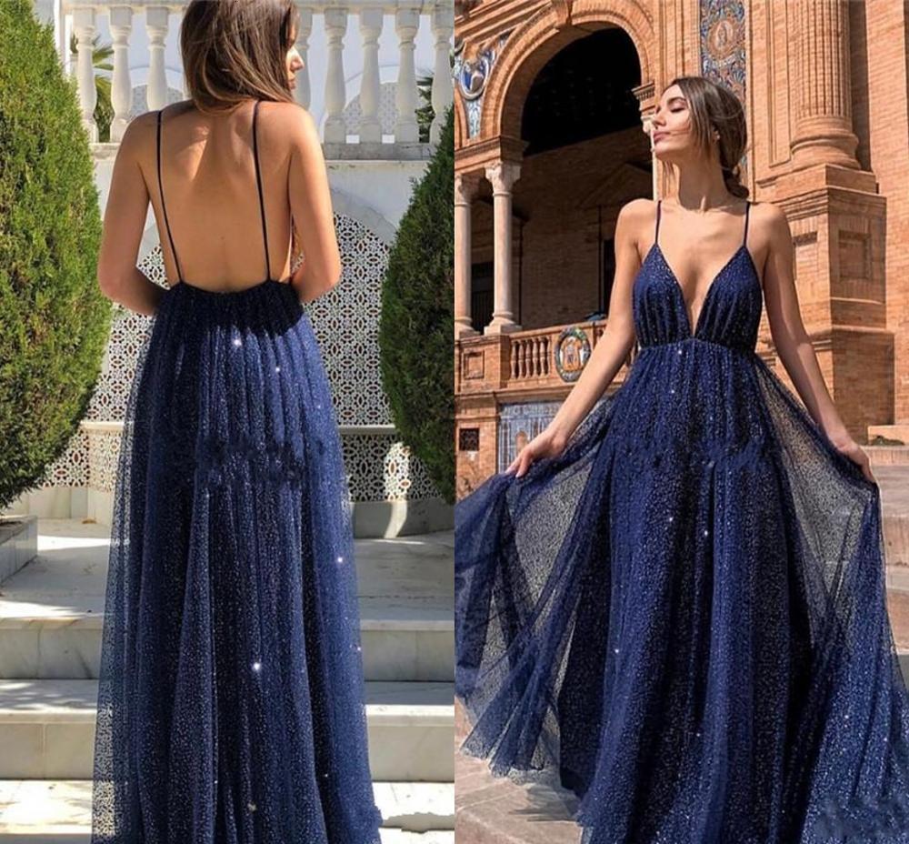 

2021 New Sparkly Navy Blue Prom Es V-neck Backless Sequins A-line Arabic Dubai Formal Evening Party Gowns Robe De Soriee T7cc