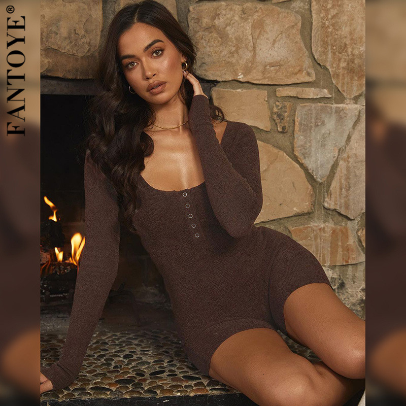 2021 New Brown Bodycon Activewear Button Playsuit Women Winter o Neck Full Sleeve Rompers Jumpsuit Solid Slim Elastic Outfits Hot W1t2-image-659636160