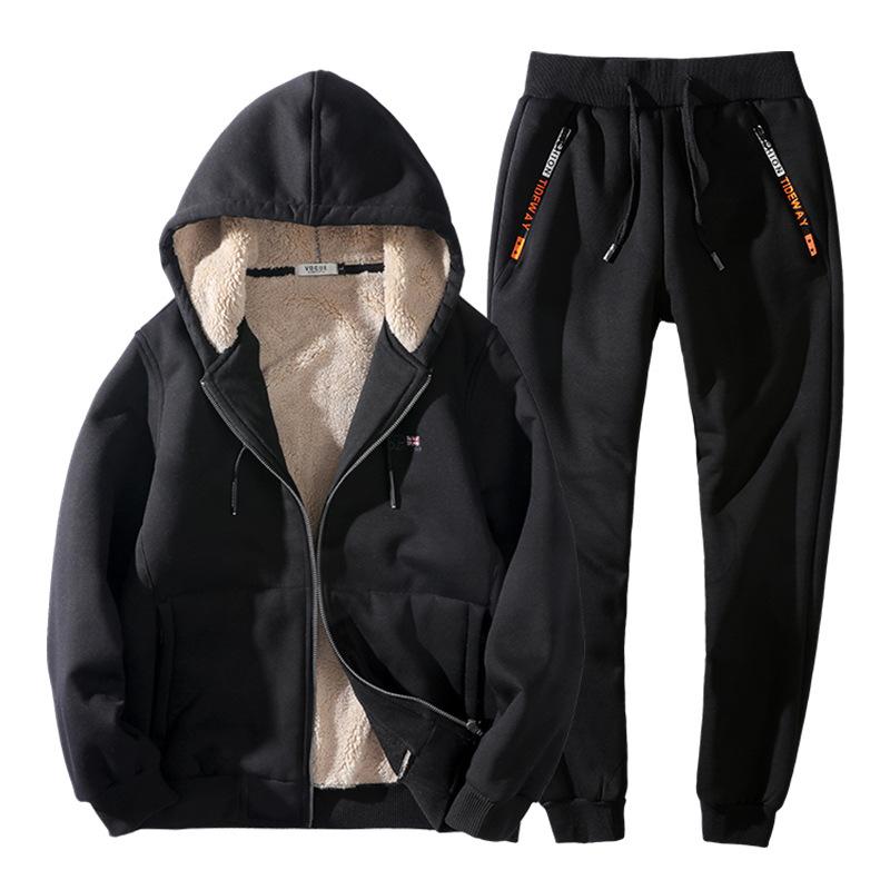 

Jogging Clothing Winter Plush Thickened Sports Suit Men's Lamb Warm Coat Large Youth Leisure Sweater And Trousers Set, Black;red