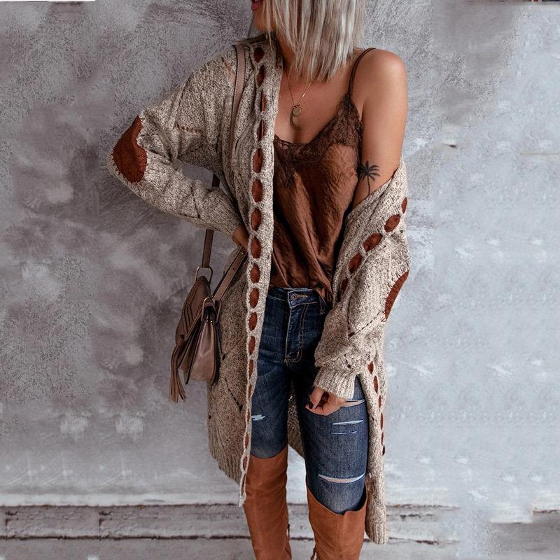 

Women' Knits & Tees 2021 Long-sleeved Suede Stitching Color Matching Knitted Long Hooded Sweater Cardigan Fashion Street Jacket Women, Gray