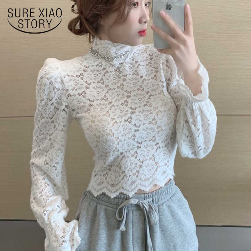 

Spring Casual Women Sexy Shirt Floral Puff Sleeve Lace White Blouse Shirts Turtleneck Short Corset Top Blusas 12710 210527, Pink