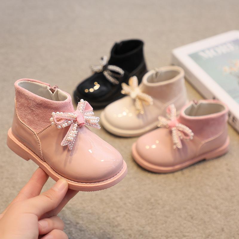 

Boots Toddler Girl For Kids Leather Shoes Butterfly Knot Princess Soft Sole Non-slip Baby Girls Booties Children's, Black