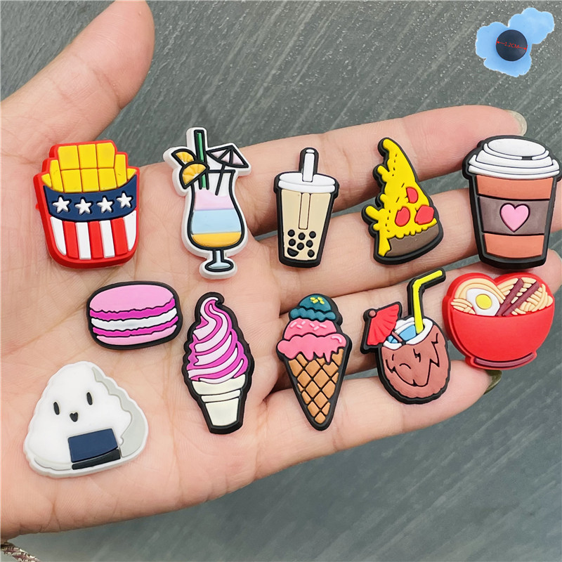 

Moq 2 Sets Milk Tea Fries Pizza Coffee Ice Cream Donut Sushi Food PVC Shoe charms Shoecharm Buckles Fashion Accessories Plastic ornaments Jibbitz for Croc shoes